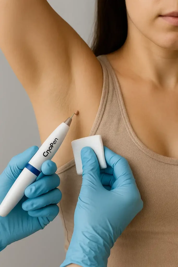 woman having cryopen to remove underarm skin tags Stoke-on-Trent
