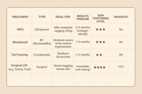 Table showing the comparisons of Skin tightening Stoke-on-Trent treatment options.